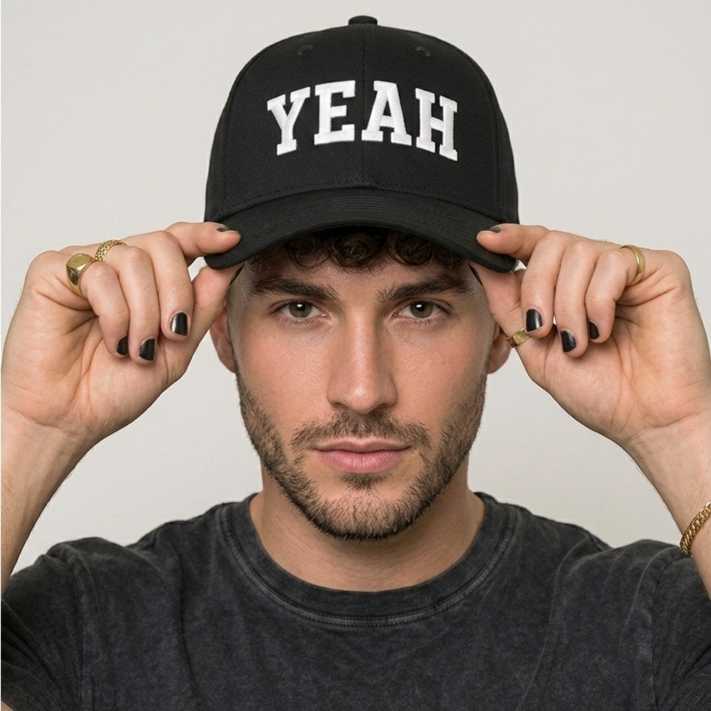 YEAH Black Baseball Hat – White Embroidered Minimalist Streetwear Aesthetic Cap